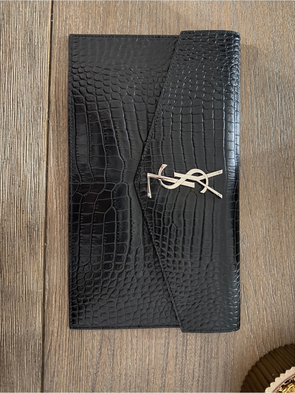 Authentic Saint Laurent Black Croc-Embossed Leather Envelope Clutch